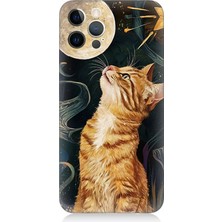 Apple iPhone 12 Pro Uyumlu Aya Bakan Meraklı Kedi  Desenli Silikon Kılıf