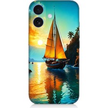 Apple iPhone 16 Uyumlu Gün Batımında Yelkenli Tekne  Desenli Silikon Kılıf
