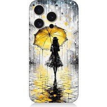 Apple iPhone 16 Pro Uyumlu Yağmurda Sarı Şemsiye Altında  Desenli Silikon Kılıf