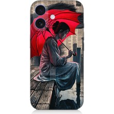 Apple iPhone 16 Plus Uyumlu Kırmızı Şemsiyeli Kadın Yalnızlık  Desenli Silikon Kılıf