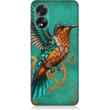 Oppo A38 Uyumlu Turkuaz Zeminde Sinek Kuşu  Desenli Silikon Kılıf