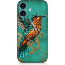 Apple iPhone 16 Uyumlu Turkuaz Zeminde Sinek Kuşu  Desenli Silikon Kılıf