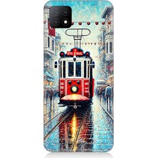 Oppo A53 Uyumlu Yağmurlu Sokakta Kırmızı Tramvay  Desenli Silikon Kılıf