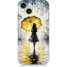 Apple iPhone 15 Uyumlu Yağmurda Sarı Şemsiye Altında  Desenli Silikon Kılıf