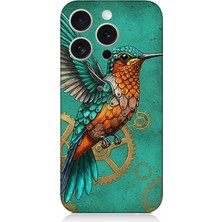 Apple iPhone 15 Pro Uyumlu Turkuaz Zeminde Sinek Kuşu  Desenli Silikon Kılıf