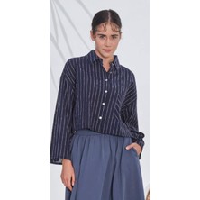 Kadın Dikey Çizgili Düğmeli Oversize Gömlek – Rahat Kesim, Kol Seçenekli