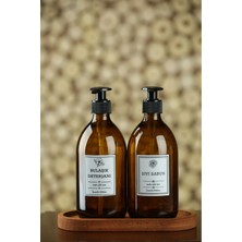 Ahşap Standlı 2'li Amber Cam Sıvı Sabunluk Bulaşık Deterjanı Şişesi Sabunluk