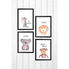 4 Parça Çerçeve Görünümlü Hayvanlar Duvar Dekoru Salon Oturma Yatak Çocuk Odası Için Tablo Seti