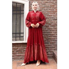 Sefa Merve Yarım Düğmeli Uzun Patlı Elbise 5579-03 Bordo