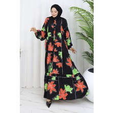 Sefa Merve Alaçatı Desenli Yarım Düğmeli Viskon Elbise 2085-04 Siyah Kiremit