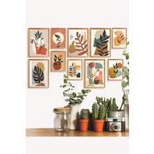 10PARÇA Ahşap Çerçeve Görünümlü Bohem Yapraklar Duvar Dekoru Salon Oturma Yatak Odası Için Tablo Set