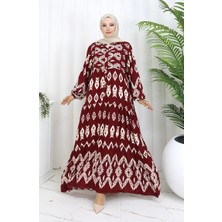 Sefa Merve Viskon Kumaş Yarım Düğmeli Desenli Elbise 0107-04 Bordo