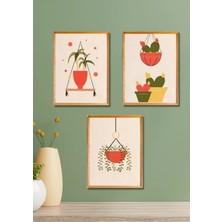 3 Parça Ahşap Çerçeve Görünümlü Soyut Turuncu Saksılar - Salon Yatak Odası Mutfak Için Tablo Seti