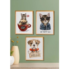 3 Parça Ahşap Çerçeve Görünümlü Sevimli Dostlar - Salon Yatak Odası Mutfak Için Tablo Seti