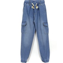 Bağcıklı Kargo Cep Erkek Çocuk Jogger Denim Jean Kot Pantolon Mavi 001-0002064
