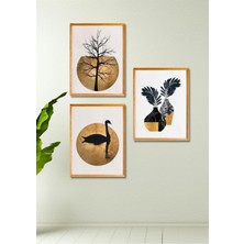 3 Parça Ahşap Çerçeve Görünümlü Kuğu Duvar Dekoru - Salon Oturma Yatak Odası Mutfak Için Tablo Seti