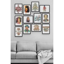 Siyah Çerçeve Görünümlü 12 Parça Yeşilçam Duvar Dekoru Salon Oturma Yatak Odası Cafe Ofis Için 20X15 cm Tablo Seti