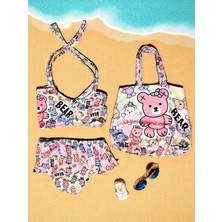 Milays Kız Çocuk Karakter Baskılı Eteği Fırfırlı- Ip Bağlamalı Çanta Mayo Bikini 3 Lü Takım