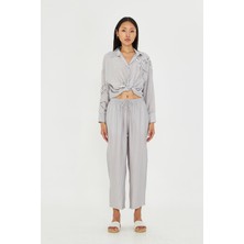 Beli Lastikli Çizgili Rayon Pantolon