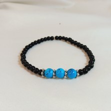 Crystal Atelier Sertifikalı Doğal Firuze Taşlı Bileklik, Firuze Siyah Cam Incili Doğal Taş Bileklik, Siyah Cam Incili Bileklik, Enerji Taşı Bileklik, El Yapımı Firuze Doğal Taş Bileklik, Inci Bileklik