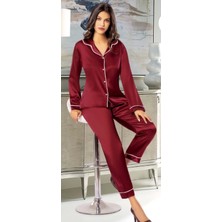 Saten Gömlek Yaka Patlı Pijama Takımı