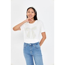 Taşlı Fiyonk Baskılı T-Shirt