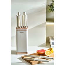 TeknoTrust Krem Renkli 9 Parça Standlı Paslanmaz Çelik Kesme Bıçak Seti