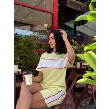 Kadın Kısa Kol Bisiklet Yaka Biye Detaylı Tshirt Şort Modal Kumaş Takım