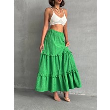 Fırfırlı Brodeli Astarlı Uzun Etek Yeşil S255047