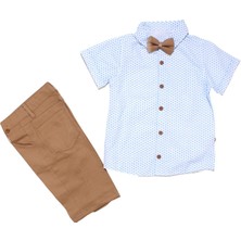 Erkek Çocuk Beyaz Mavi Kahve Desenli Gömlekli Papyonlu Askılı Kısa Kol 3'lü Takım