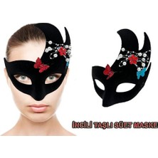 Büro Ev Ofis Etkinlik Gösteri Parti Kostümü Için Siyah Incili Taşlı Süet Venedik Maske