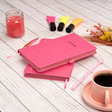 13x21 cm Pembe Deri Sert Kapak Noktalı Tarihsiz Dikişli Defter