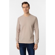 Ekru Slim Fit Armürlü Bisiklet Yaka Sweatshirt