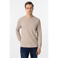 Ekru Slim Fit Armürlü Bisiklet Yaka Sweatshirt