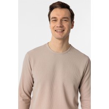 Ekru Slim Fit Armürlü Bisiklet Yaka Sweatshirt