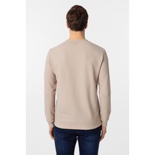 Ekru Slim Fit Armürlü Bisiklet Yaka Sweatshirt