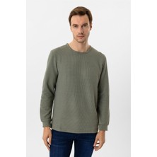Yeşil Slim Fit Armürlü Bisiklet Yaka Triko Kazak