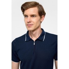 Lacivert Slim Fitilli Polo Yaka Tişört