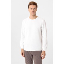Beyaz Slim Fit Armürlü Bisiklet Yaka Triko Kazak