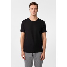 Süvari Siyah Slim Fit Armürlü Bisiklet Yaka Tişört