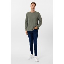 Yeşil Slim Fit Armürlü Bisiklet Yaka Triko Kazak