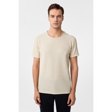 Süvari Ekru Slim Fit Armürlü Bisiklet Yaka Tişört