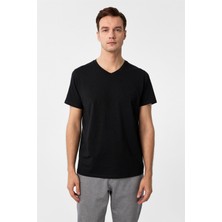 Siyah Slim Fit Düz V Yaka Tişört