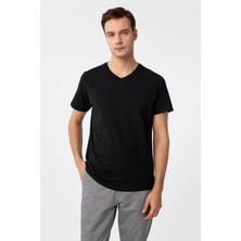 Siyah Slim Fit Düz V Yaka Tişört