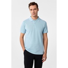 Buz Mavi Slim Fit Armürlü Polo Yaka Tişört