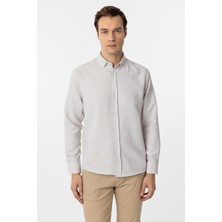 Ekru Slim Fit Armürlü Düğmeli Yaka Gömlek
