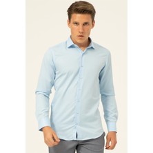 Buz Mavi Slim Fit Armürlü Klasik Yaka Gömlek