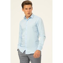 Buz Mavi Slim Fit Armürlü Klasik Yaka Gömlek