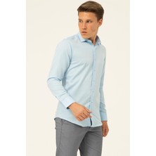 Buz Mavi Slim Fit Armürlü Klasik Yaka Gömlek