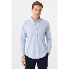Saks Mavi Slim Fit Armürlü Düğmeli Yaka Gömlek